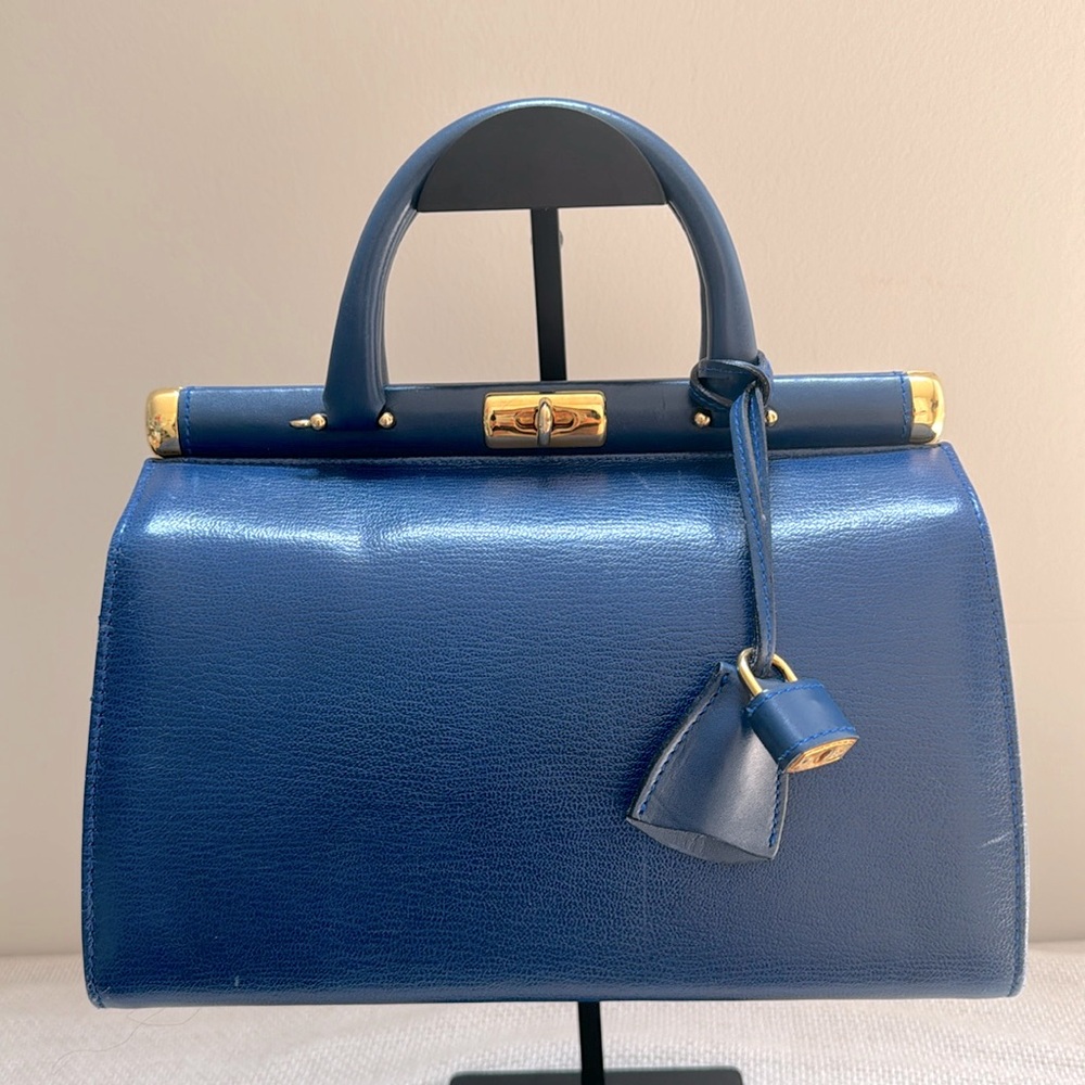 Revillon blue saffiano satchel leather bag made in Italy. Comes w/strap.